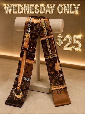 Fashionable Brown Monogram Silk bag hair scarf with Chain & Belt Motifs